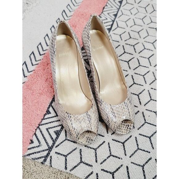 Stuart Weitzman Faux Python Patent Leather Peep Toe Heels, sz 7.5 - Picture 11 of 16